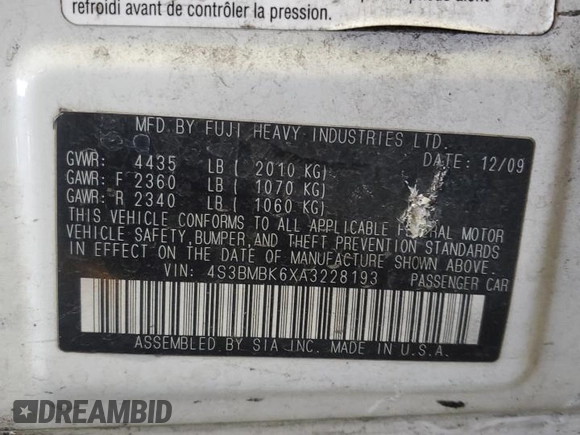 2010 Subaru Legacy Limited Moon with VIN 4S3BMBK6XA3228193, listed as a Copart auction lot 61453775 with 170,006 mi miles and Salvage title. Bid and sale history available at DreamBid. Image 13.