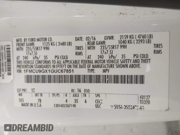 2016 Ford Escape SE z VIN 1FMCU9GX1GUC67851, wystawiony jako IAAI lot #42283011 z przebiegiem 134 458 mil mil oraz . Historia ofert i sprzedaży dostępna na DreamBid. Obrazek 9.
