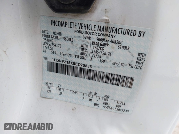 2008 Ford F-250 with VIN 1FDNF215X8ED75835, listed as a IAAI auction lot 41622208 with Not provided miles and . Bid and sale history available at DreamBid. Image 9.