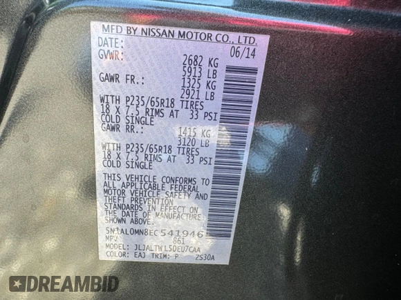 2014 Infiniti QX60 z VIN 5N1AL0MN8EC541946, wystawiony jako Copart lot #58538715 z przebiegiem 138 680 mil mil oraz Czysty tytuł • Clean title. Historia ofert i sprzedaży dostępna na DreamBid. Obrazek 10.