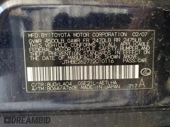 2007 Lexus IS 350 with VIN JTHBE262772010116, listed as a Copart auction lot 56351775 with 199,969 mi miles and Salvage title. Bid and sale history available at DreamBid. Image 13.