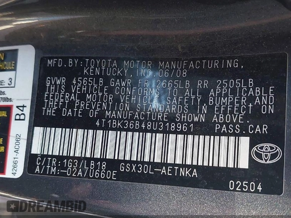 2008 Toyota Avalon XL z VIN 4T1BK36B48U318961, wystawiony jako IAAI lot #39317874 z przebiegiem 334 707 mil mil oraz . Historia ofert i sprzedaży dostępna na DreamBid. Obrazek 9.