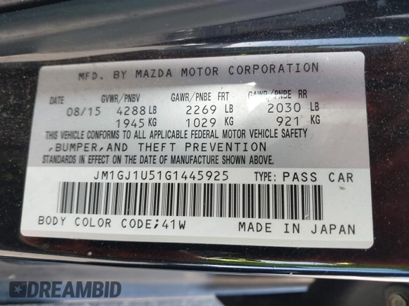 2016 Mazda 6 i Sport with VIN JM1GJ1U51G1445925, listed as a IAAI auction lot 41980386 with Not Provided miles and . Bid and sale history available at DreamBid. Image 9.
