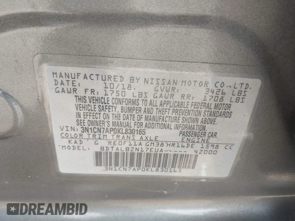 2019 Nissan Versa SV with VIN 3N1CN7AP0KL830165, listed as a IAAI auction lot 42202888 with 118,260 mi miles and . Bid and sale history available at DreamBid. Image 9.
