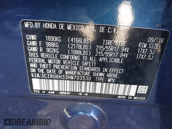2017 Honda HR-V LX with VIN 3CZRU6H33HM703530, listed as a IAAI auction lot 41858760 with 165,239 mi miles. Bid and sale history available at carsss.com. Image 9.