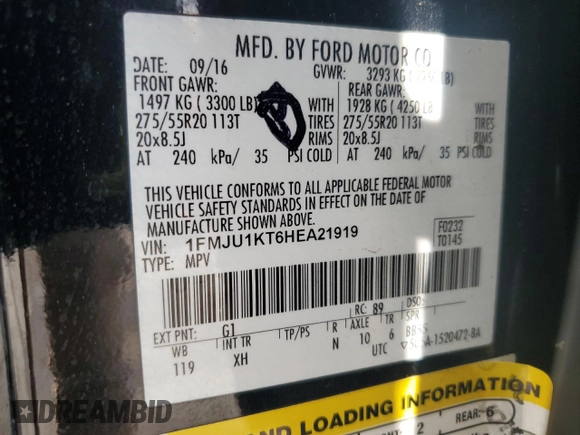 2017 Ford Expedition Limited z VIN 1FMJU1KT6HEA21919, wystawiony jako Copart lot #55009405 z przebiegiem 73 857 mil mil oraz Szkoda całkowita • Salvage title. Historia ofert i sprzedaży dostępna na DreamBid. Obrazek 13.