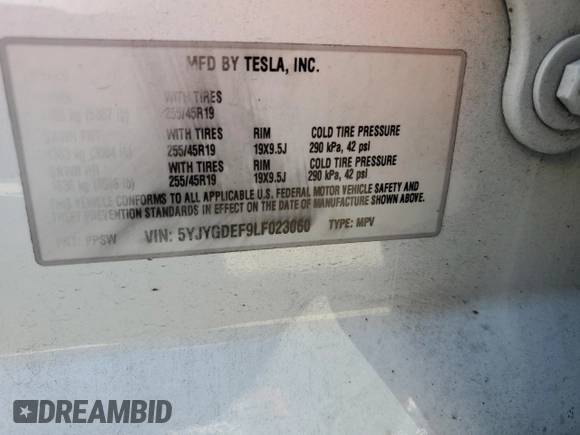 2020 Tesla Model Y Long Range with VIN 5YJYGDEF9LF023060, listed as a Copart auction lot 55462395 with 58,211 mi miles and Salvage Title. Bid and sale history available at DreamBid. Image 13.