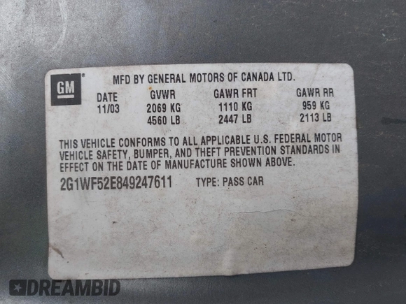 2004 Chevrolet Impala with VIN 2G1WF52E849247611, listed as a IAAI auction lot 42094749 with 203,391 mi miles and . Bid and sale history available at DreamBid. Image 9.