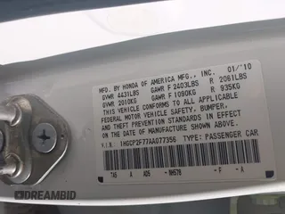 2010 Honda Accord EX with VIN 1HGCP2F77AA077356, listed as a IAAI auction lot 42509085 with 179,271 mi miles and . Bid and sale history available at DreamBid. Image 9.