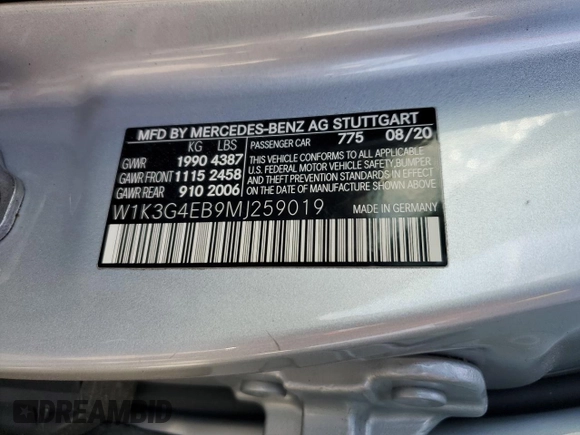 2021 Mercedes-Benz A 220 with VIN W1K3G4EB9MJ259019, listed as a Copart auction lot 47981625 with 59,870 mi miles and Salvage Title. Bid and sale history available at DreamBid. Image 12.