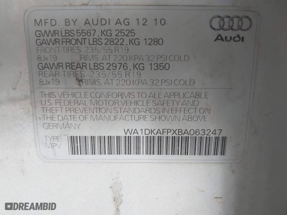 2011 Audi Q5 3.2L Premium Plus with VIN WA1DKAFPXBA063247, listed as a IAAI auction lot 41240885 with 110,412 mi miles. Bid and sale history available at carsss.com. Image 9.
