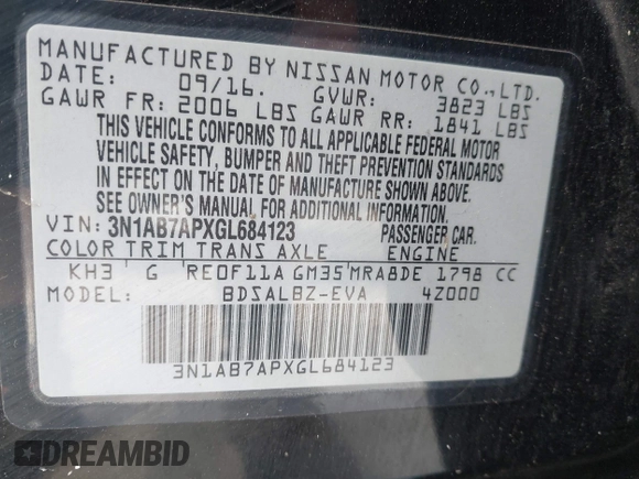2016 Nissan Sentra SR with VIN 3N1AB7APXGL684123, listed as a IAAI auction lot 41982975 with 66,471 mi miles and . Bid and sale history available at DreamBid. Image 9.