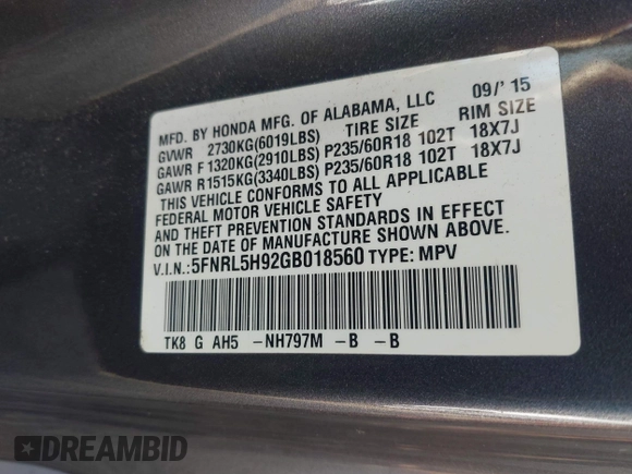 2016 Honda Odyssey Touring Elite with VIN 5FNRL5H92GB018560, listed as a IAAI auction lot 41796605 with 83,234 mi miles and . Bid and sale history available at carsss.com. Image 9.