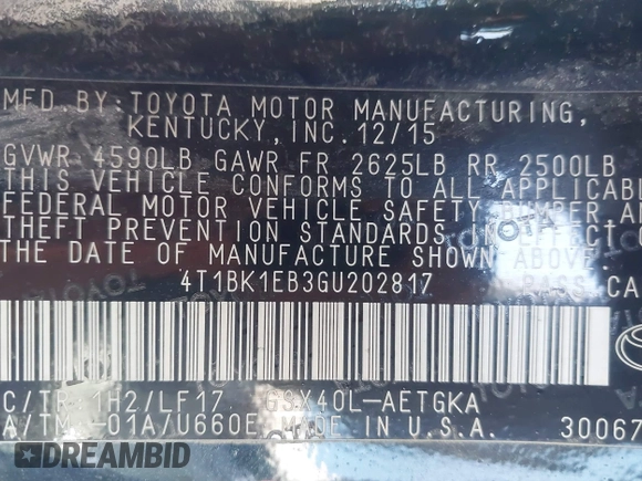 2016 Toyota Avalon Limited with VIN 4T1BK1EB3GU202817, listed as a IAAI auction lot 42023194 with 86,979 mi miles and . Bid and sale history available at carsss.com. Image 9.