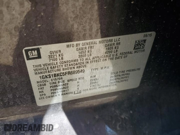 2015 GMC Yukon SLT z VIN 1GKS1BKC5FR689549, wystawiony jako Copart lot #56747385 z przebiegiem 102 856 mil mil oraz Szkoda całkowita • Salvage title. Historia ofert i sprzedaży dostępna na DreamBid. Obrazek 13.