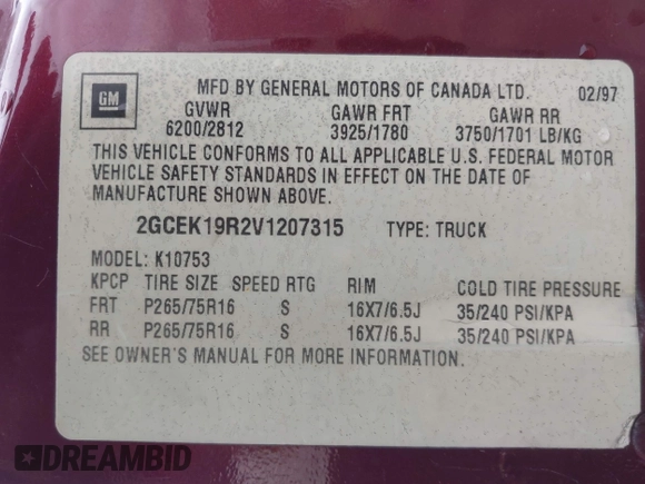 1997 Chevrolet Silverado 1500 with VIN 2GCEK19R2V1207315, listed as a IAAI auction lot 42058123 with 177,203 mi miles and . Bid and sale history available at DreamBid. Image 9.