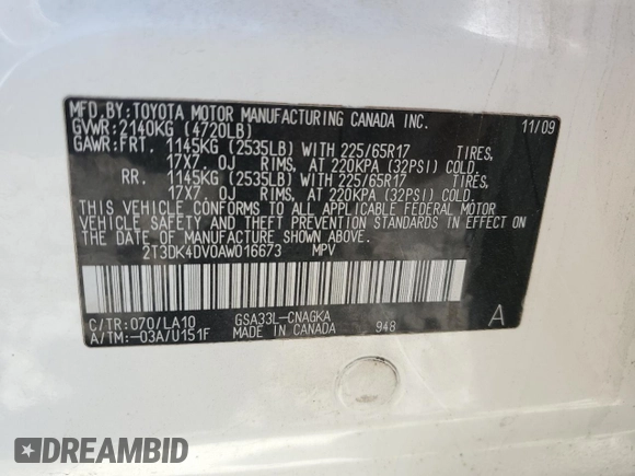 2010 Toyota RAV4 Limited with VIN 2T3DK4DV0AW016673, listed as a Copart auction lot 65408505 with 207,052 mi miles and Non repairable. Bid and sale history available at DreamBid. Image 12.