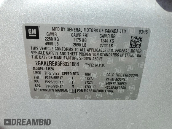 2015 GMC Terrain SLE with VIN 2GKALREK6F6321684, listed as a Copart auction lot 49690395 with 156,322 mi miles and Clean Title. Bid and sale history available at DreamBid. Image 13.