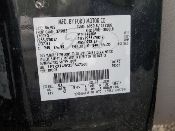 2005 Ford F-150 STX with VIN 1FTRX14W35FB47568, listed as a Copart auction lot 62642665 with Not provided miles and Salvage title. Bid and sale history available at DreamBid. Image 13.