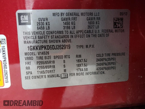 2013 GMC Acadia SLE z VIN 1GKKVPKD6DJ262919, wystawiony jako Copart lot #50037295 z przebiegiem 120 844 mil mil oraz Szkoda całkowita • Salvage title. Historia ofert i sprzedaży dostępna na DreamBid. Obrazek 13.