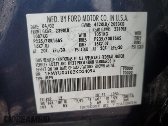 2002 Ford Escape XLT Choice with VIN 1FMYU04182KD34094, listed as a Copart auction lot 57299225 with 154,784 mi miles and Salvage title. Bid and sale history available at DreamBid. Image 13.