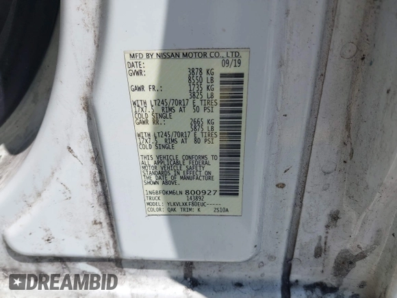 2020 Nissan NV Cargo SV z VIN 1N6BF0KM6LN800927, wystawiony jako IAAI lot #42027239 z przebiegiem 102 724 mil mil oraz . Historia ofert i sprzedaży dostępna na DreamBid. Obrazek 9.