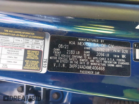2021 Kia Forte LXS z VIN 3KPF24AD4ME406468, wystawiony jako IAAI lot #41977991 z przebiegiem 42 367 mil mil oraz . Historia ofert i sprzedaży dostępna na DreamBid. Obrazek 9.