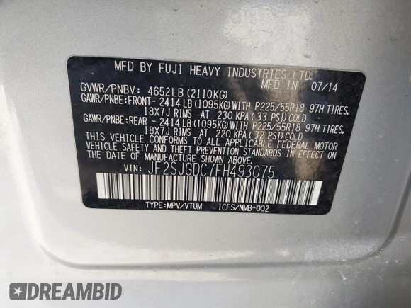 2015 Subaru Forester 2.0XT Premium with VIN JF2SJGDC7FH493075, listed as a IAAI auction lot 41878165 with 120,214 mi miles. Bid and sale history available at carsss.com. Image 9.