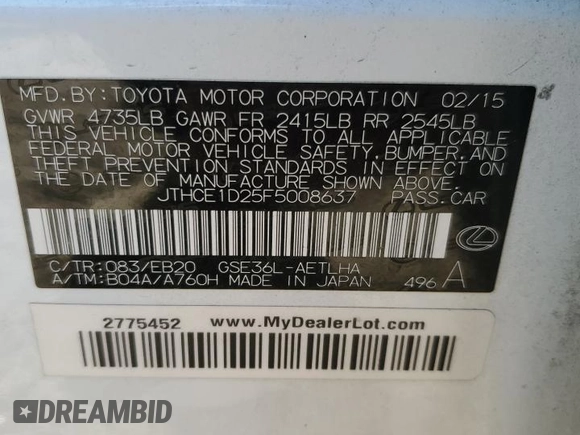 2015 Lexus IS 350 with VIN JTHCE1D25F5008637, listed as a Copart auction lot 87284284 with 95,713 mi miles and Salvage Title. Bid and sale history available at DreamBid. Image 12.