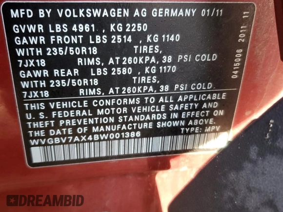 2011 Volkswagen Tiguan SEL with VIN WVGBV7AX4BW001386, listed as a Copart auction lot 44495945 with 149,806 mi miles and Salvage Title. Bid and sale history available at DreamBid. Image 14.