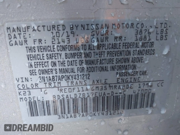 2019 Nissan Sentra S z VIN 3N1AB7AP0KY431212, wystawiony jako IAAI lot #41615063 z przebiegiem 129 322 mil mil oraz . Historia ofert i sprzedaży dostępna na DreamBid. Obrazek 9.