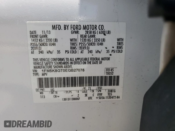 2014 Ford Explorer Sport с VIN 1FM5K8GT0EGB27078, выставлен на аукционе Copart как лот 62230195 с пробегом 212 985 миль миль и Списание • Salvage title. История ставок и продаж доступна на DreamBid. Изображение 13.