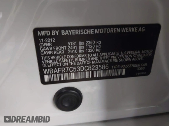 2013 BMW 5 Series 535i with VIN WBAFR7C53DC823586, listed as a IAAI auction lot 41859395 with 146,974 mi miles and . Bid and sale history available at DreamBid. Image 9.