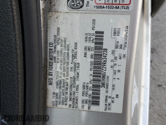2009 Mercury Milan with VIN 3MEHM07Z29R634238, listed as a Copart auction lot 49627485 with 102,404 mi miles and Salvage title. Bid and sale history available at DreamBid. Image 12.