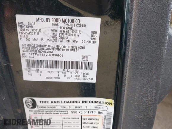 2013 Ford F-150 XL with VIN 1FTFW1ET2DFB36909, listed as a IAAI auction lot 41582957 with 167,867 mi miles. Bid and sale history available at carsss.com. Image 9.