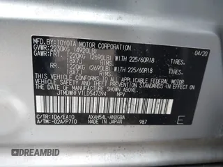2020 Toyota RAV4 Hybrid Limited with VIN JTMDWRFV1LD547394, listed as a IAAI auction lot 41998568 with 37,381 mi miles. Bid and sale history available at carsss.com. Image 9.