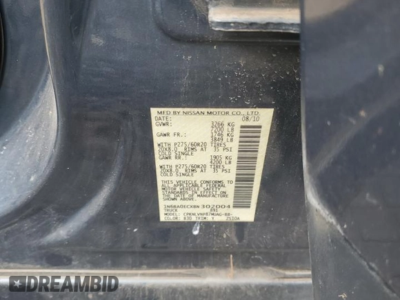 2011 Nissan Titan Pro-4X with VIN 1N6BA0ECXBN302004, listed as a Copart auction lot 89343945 with 427,682 mi miles and Salvage title. Bid and sale history available at DreamBid. Image 12.