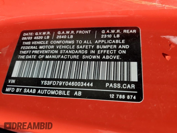 2004 Saab 9-3 Arc z VIN YS3FD79Y046003444, wystawiony jako Copart lot #72496634 z przebiegiem 116 540 mil mil oraz Szkoda całkowita • Salvage title. Historia ofert i sprzedaży dostępna na DreamBid. Obrazek 14.