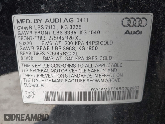 2011 Audi Q7 3.0L TDI Prestige with VIN WA1VMBFE8BD009883, listed as a IAAI auction lot 42047049 with 147,951 mi miles. Bid and sale history available at carsss.com. Image 9.