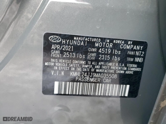 2021 Hyundai Sonata Hybrid Blue with VIN KMHL24JJ9MA035508, listed as a Copart auction lot 85812354 with 48,184 mi miles and Salvage Title. Bid and sale history available at carsss.com. Image 12.