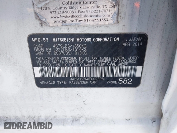 2014 Mitsubishi Lancer GT with VIN JA32U8FWXEU023081, listed as a IAAI auction lot 41609349 with 1 mi miles. Bid and sale history available at carsss.com. Image 9.