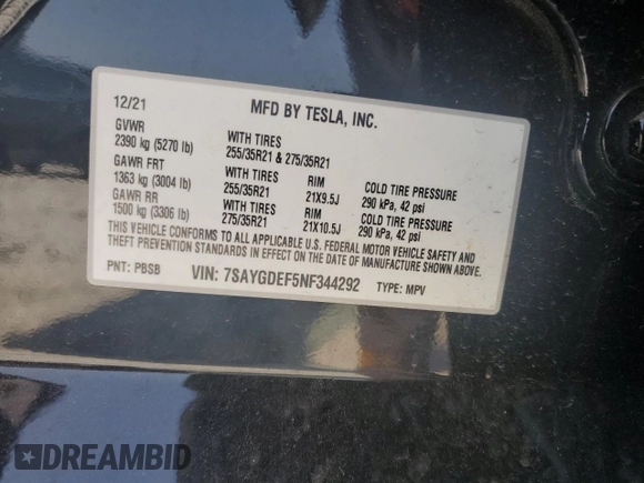 2022 Tesla Model Y Performance with VIN 7SAYGDEF5NF344292, listed as a Copart auction lot 59153775 with Not provided miles and Salvage title. Bid and sale history available at DreamBid. Image 12.