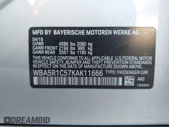2019 BMW 3 Series 330i with VIN WBA5R1C57KAK11666, listed as a IAAI auction lot 41997874 with 79,988 mi miles and . Bid and sale history available at DreamBid. Image 9.