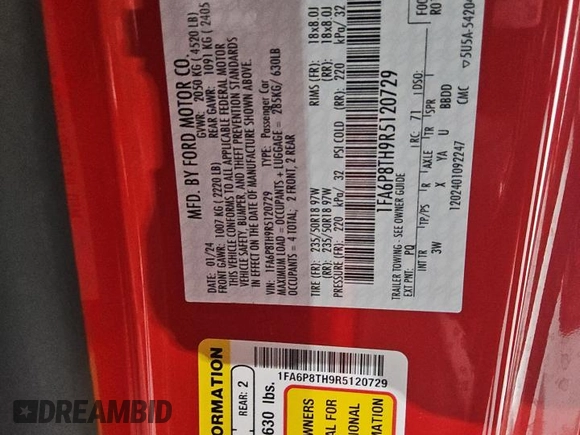 2024 Ford Mustang EcoBoost с VIN 1FA6P8TH9R5120729, выставлен на аукционе Copart как лот 60975075 с пробегом 24 427 миль миль и Списание • Salvage title. История ставок и продаж доступна на DreamBid. Изображение 13.