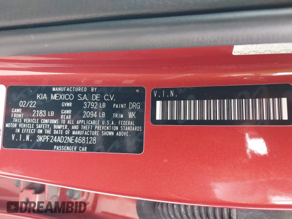 2022 Kia Forte LXS z VIN 3KPF24AD2NE468128, wystawiony jako IAAI lot #41939344 z przebiegiem 13 305 mil mil oraz . Historia ofert i sprzedaży dostępna na DreamBid. Obrazek 9.