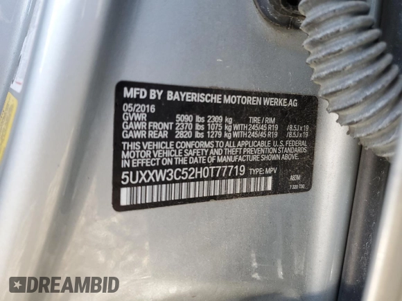 2017 BMW X4 xDrive28i with VIN 5UXXW3C52H0T77719, listed as a Copart auction lot 52393155 with 184,664 mi miles and Salvage title. Bid and sale history available at DreamBid. Image 14.