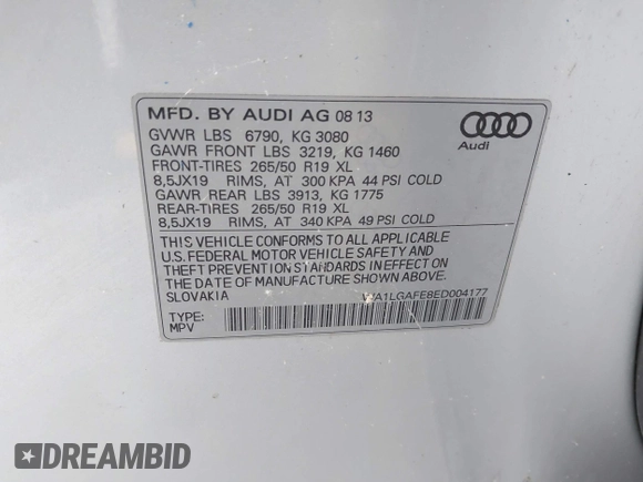 2014 Audi Q7 Premium Plus with VIN WA1LGAFE8ED004177, listed as a IAAI auction lot 42757437 with 183,830 mi miles and . Bid and sale history available at DreamBid. Image 9.