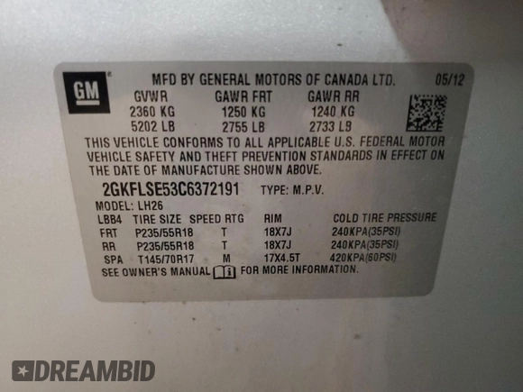 2012 GMC Terrain SLE-2 with VIN 2GKFLSE53C6372191, listed as a Copart auction lot 48164075 with 172,053 mi miles and Clean Title. Bid and sale history available at DreamBid. Image 13.