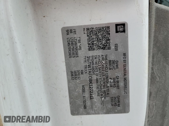 2019 GMC Savana Cargo z VIN 1GTW7AFG8K1272311, wystawiony jako Copart lot #87918855 z przebiegiem 141 396 mil mil oraz Szkody całkowita. Historia ofert i sprzedaży dostępna na DreamBid. Obrazek 14.