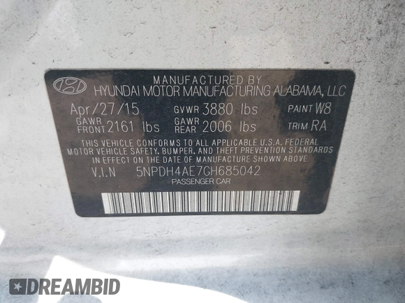 2016 Hyundai Elantra SE with VIN 5NPDH4AE7GH685042, listed as a IAAI auction lot 41975912 with 73,091 mi miles and . Bid and sale history available at DreamBid. Image 9.